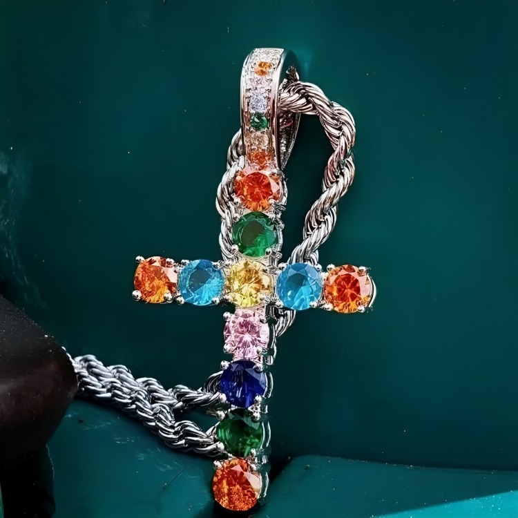 Colorful Diamonds Cross Pendant Gold With Street Luxury Shine - Image 3