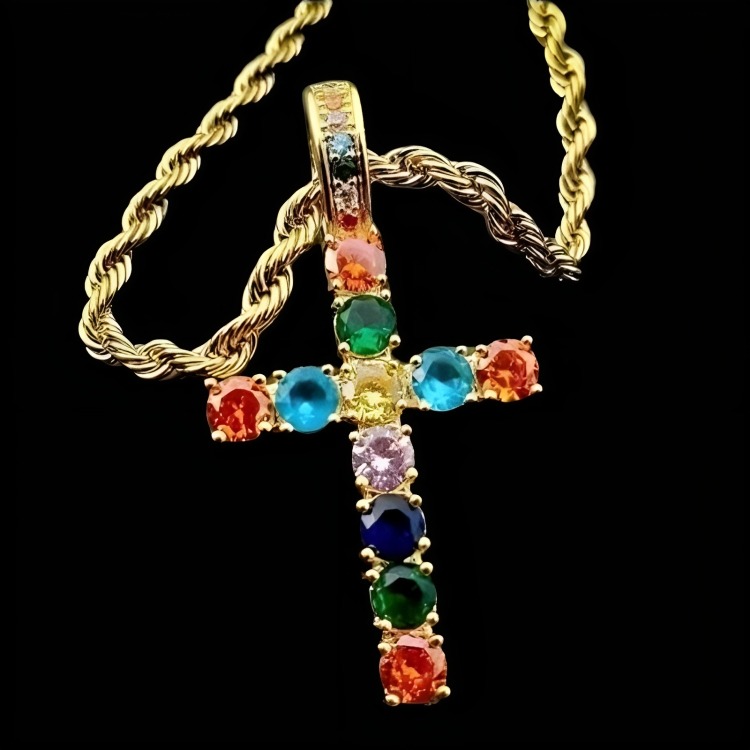Colorful Diamonds Cross Pendant Gold With Street Luxury Shine