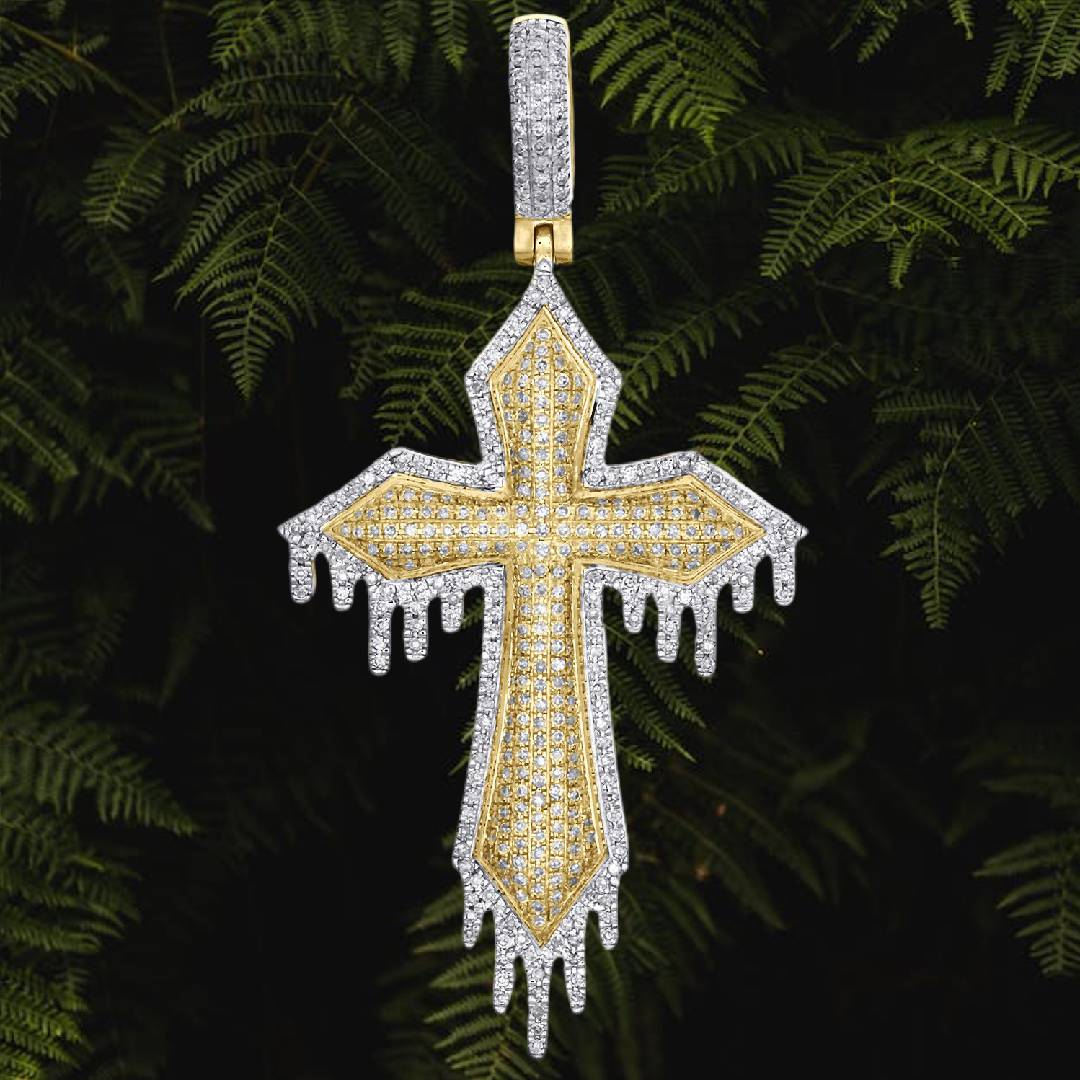 Micro Pave Two-tone Drip Cross Pendant Gold With Street Luxury Shine
