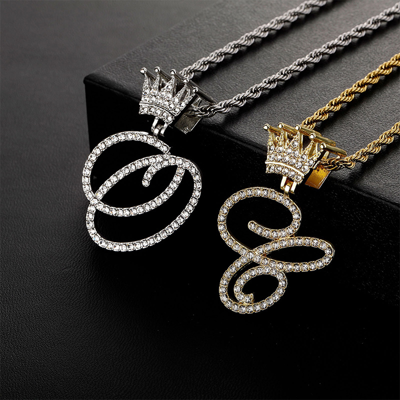 Iced Out Cursive A-z Initial Letters Pendant With Crown Gold - Image 4