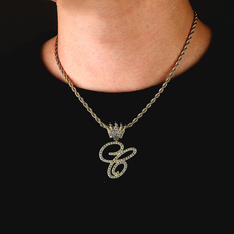 Iced Out Cursive A-z Initial Letters Pendant With Crown Gold - Image 5