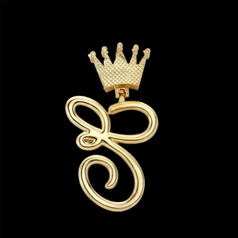 Iced Out Cursive A-z Initial Letters Pendant With Crown Gold - Image 7