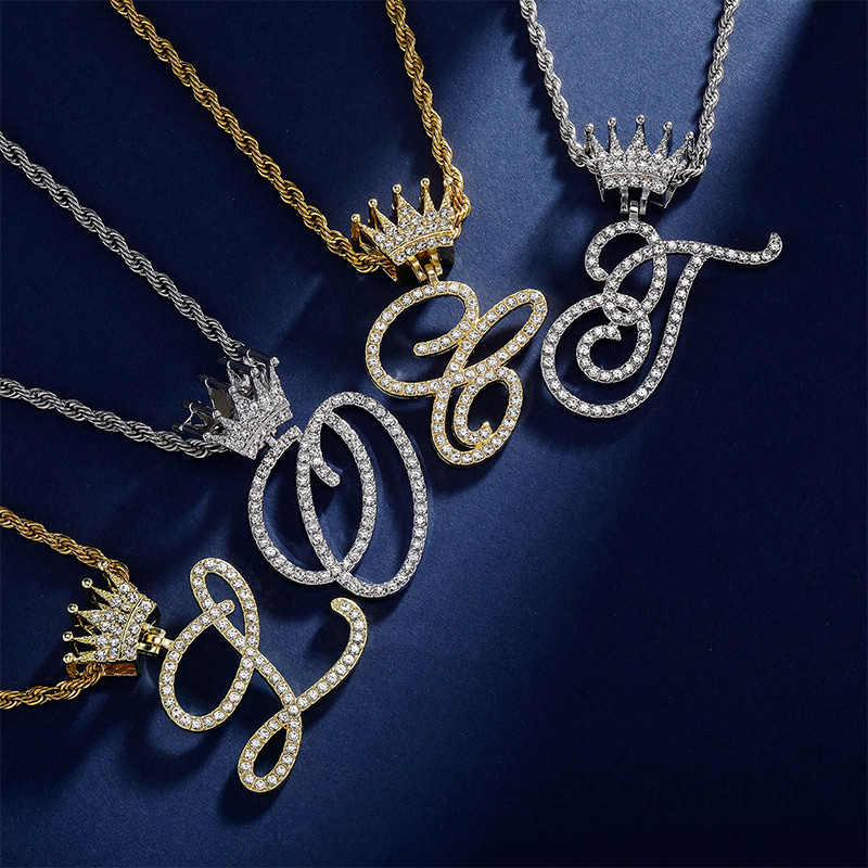 Iced Out Cursive A-z Initial Letters Pendant With Crown Gold