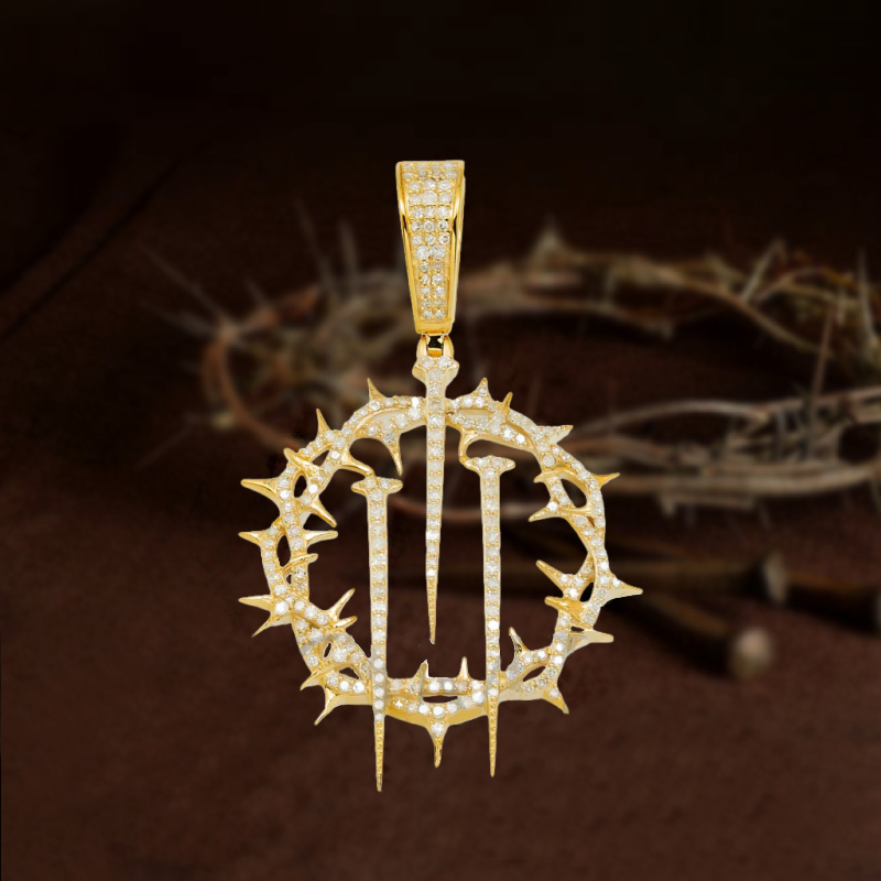 Micro Paved Crown Of Thorns With Nails Pendant Moissanite