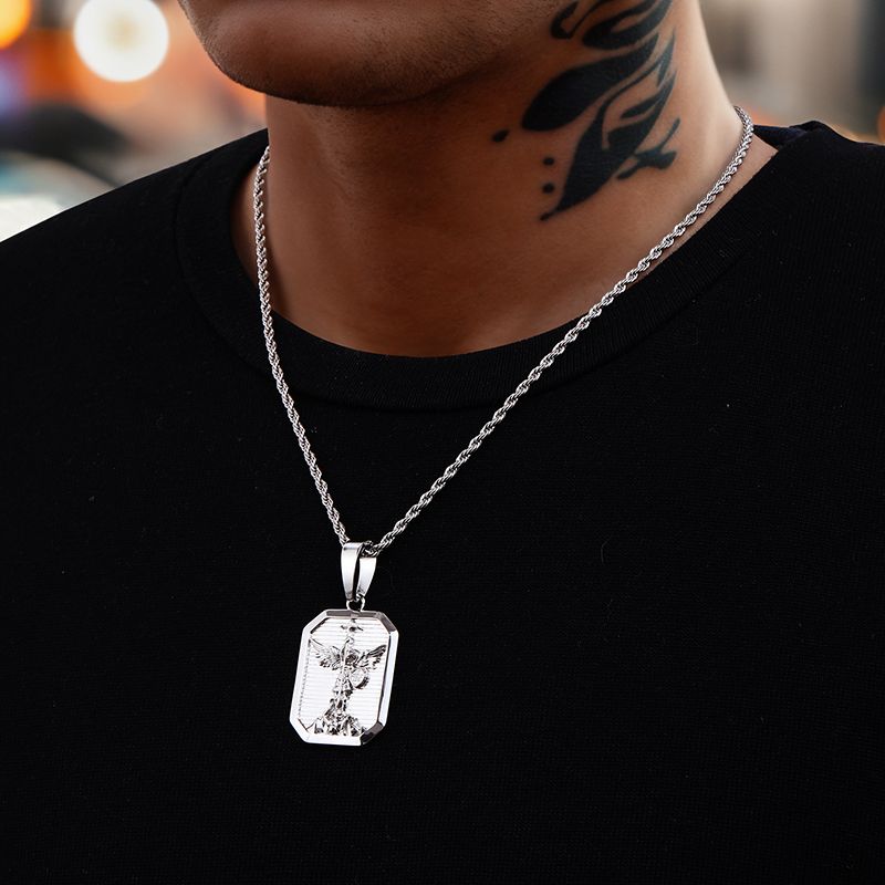 Archangel Saint Michael Dog Tag Pendant In White Gold With Gold Shine - Image 3