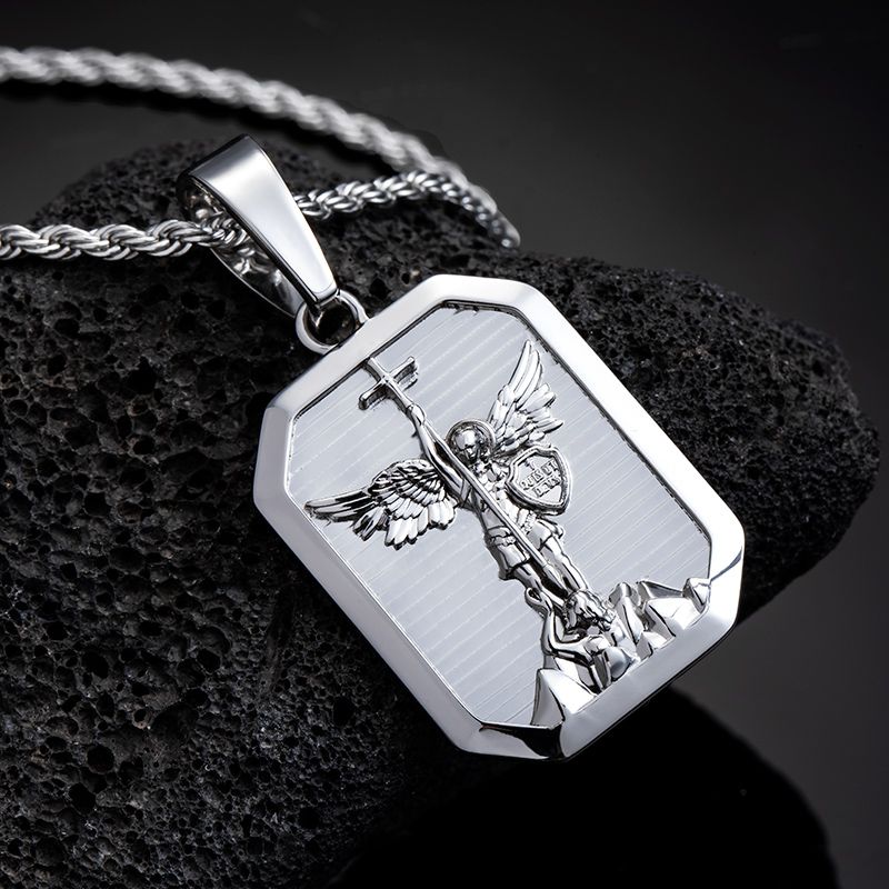 Archangel Saint Michael Dog Tag Pendant In White Gold With Gold Shine - Image 4