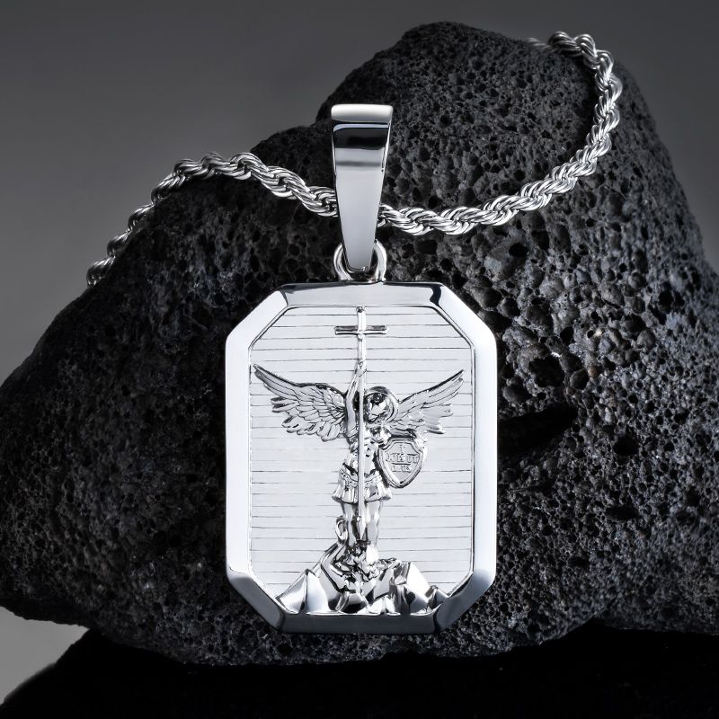 Archangel Saint Michael Dog Tag Pendant In White Gold With Gold Shine