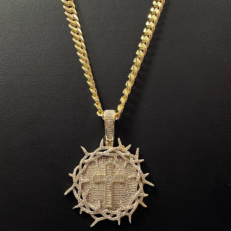 Iced Out Crown Of Thorns With Cross Medallion Pendant Moissanite