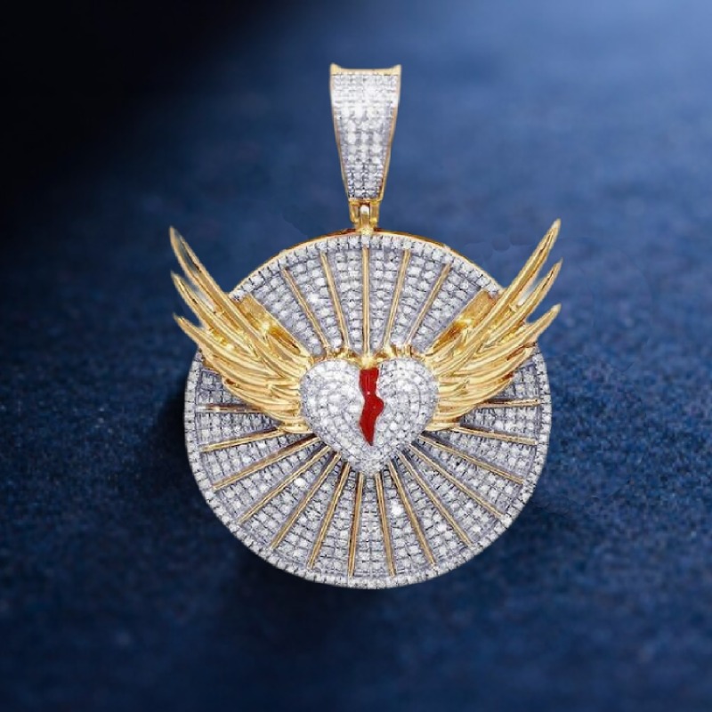 3d Broken Heart With Flying Wings Paved Medallion Pendant Gold