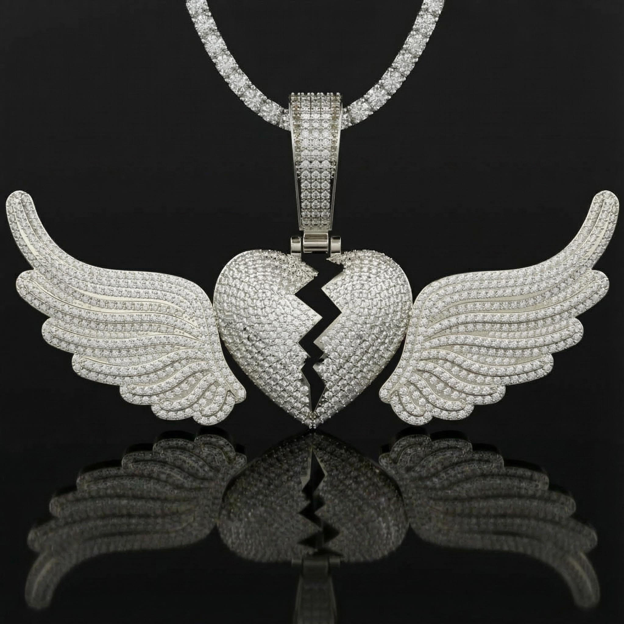 Paved Broken Heart With Flying Wings Pendant Gold With Street Luxury Shine - Image 3