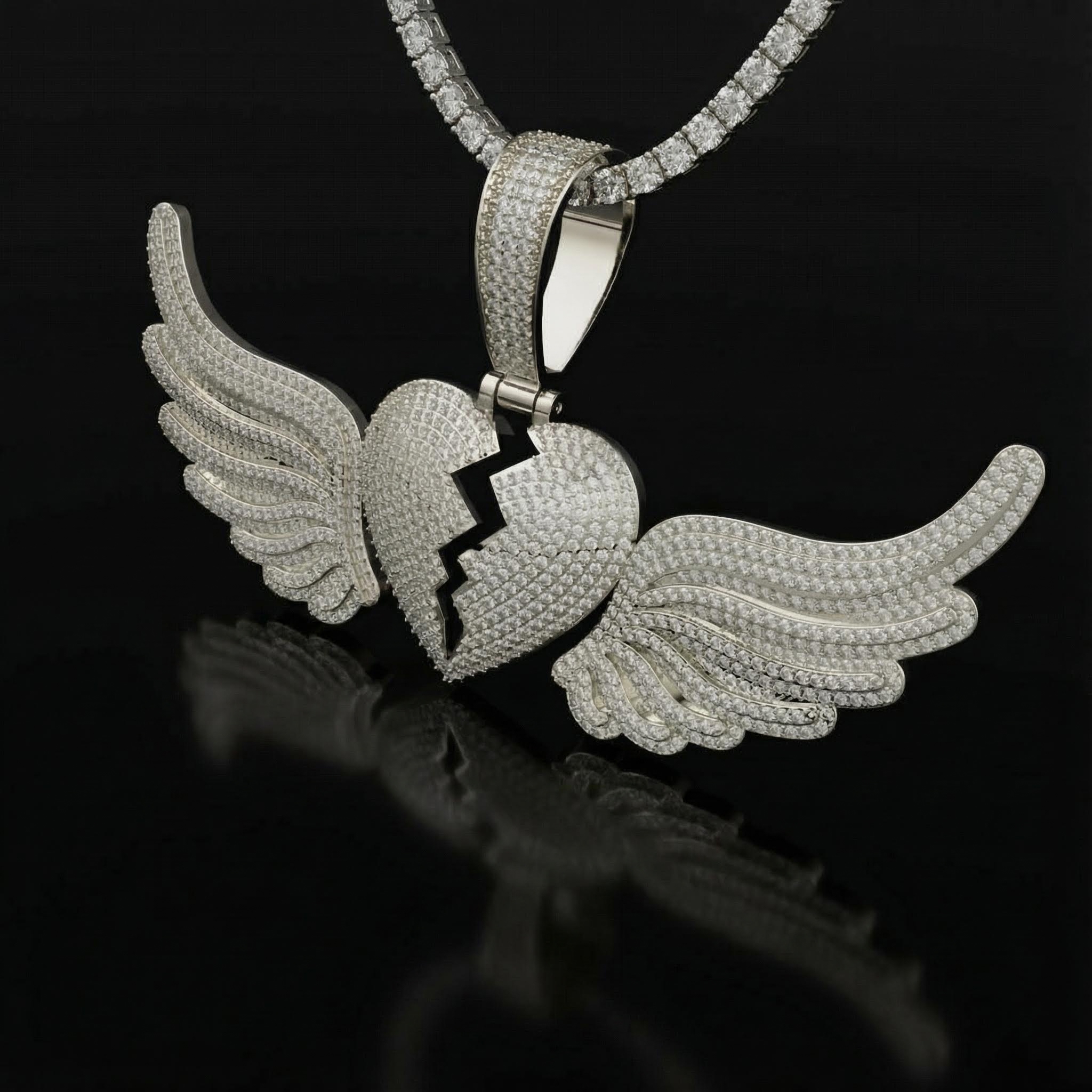 Paved Broken Heart With Flying Wings Pendant Gold With Street Luxury Shine - Image 4