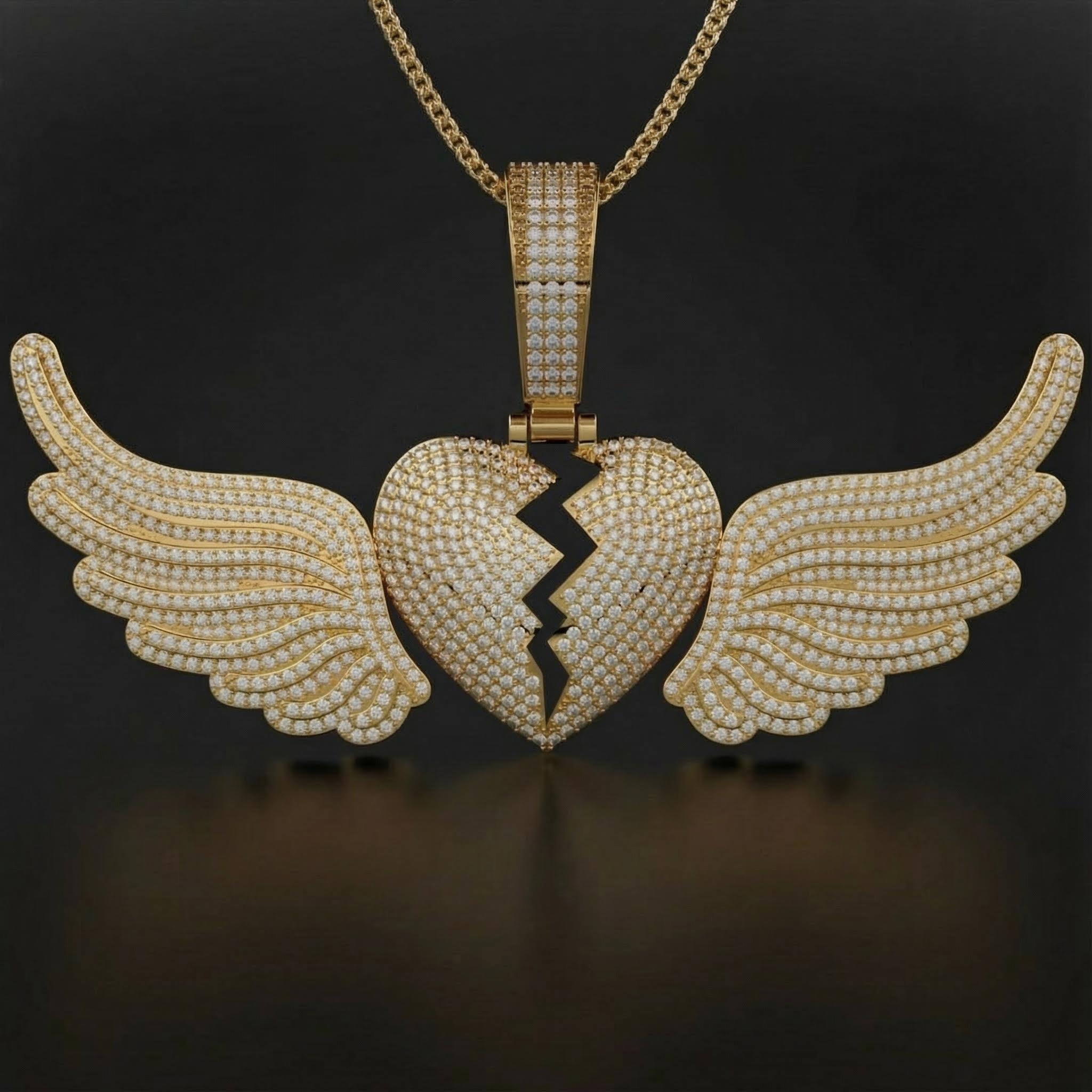 Paved Broken Heart With Flying Wings Pendant Gold With Street Luxury Shine - Image 5