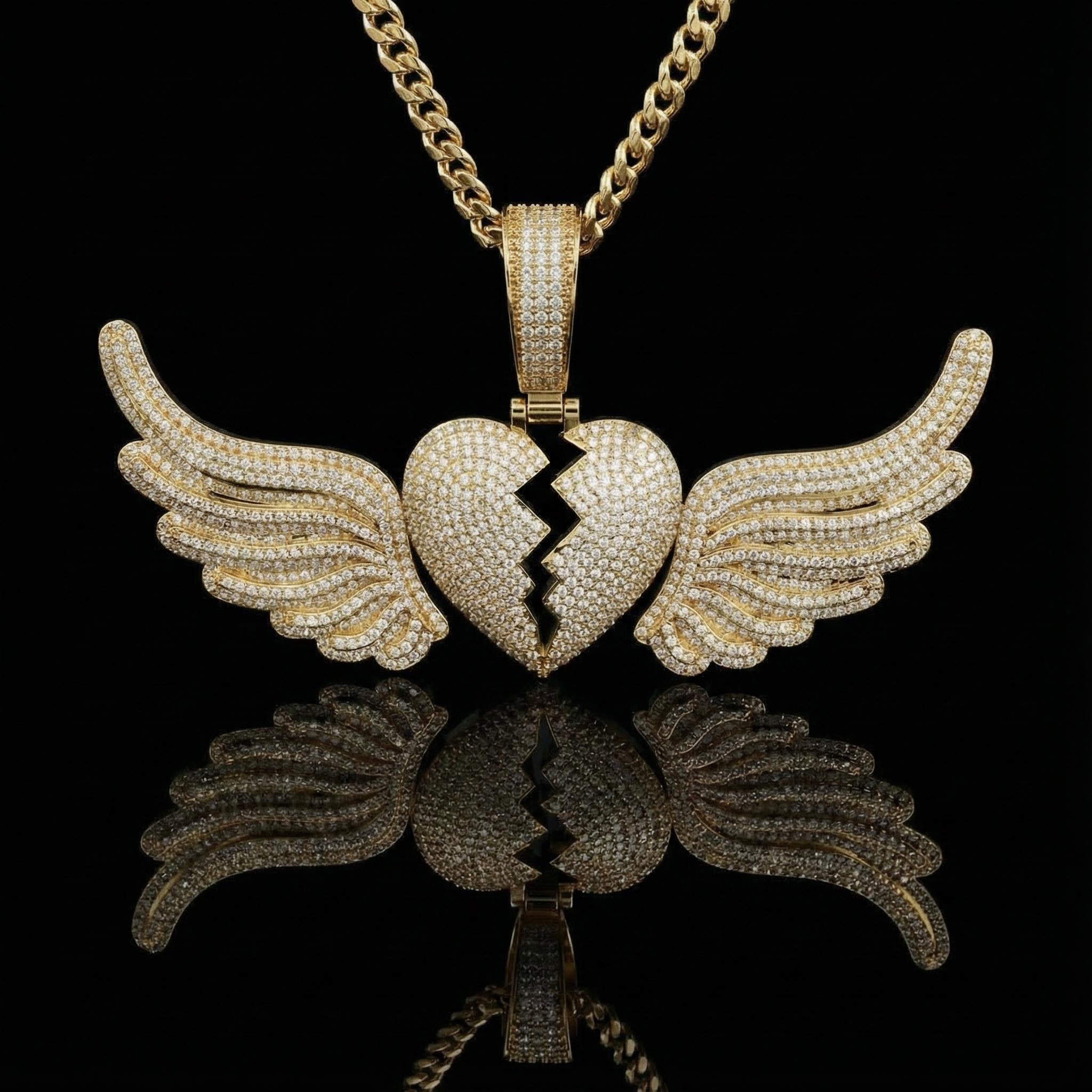 Paved Broken Heart With Flying Wings Pendant Gold With Street Luxury Shine