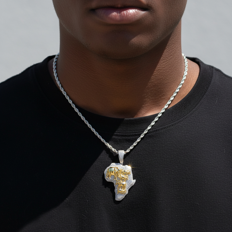 Gold 3d Elephants With Africa Map Pendant Silver With Street Luxury Shine - Image 4