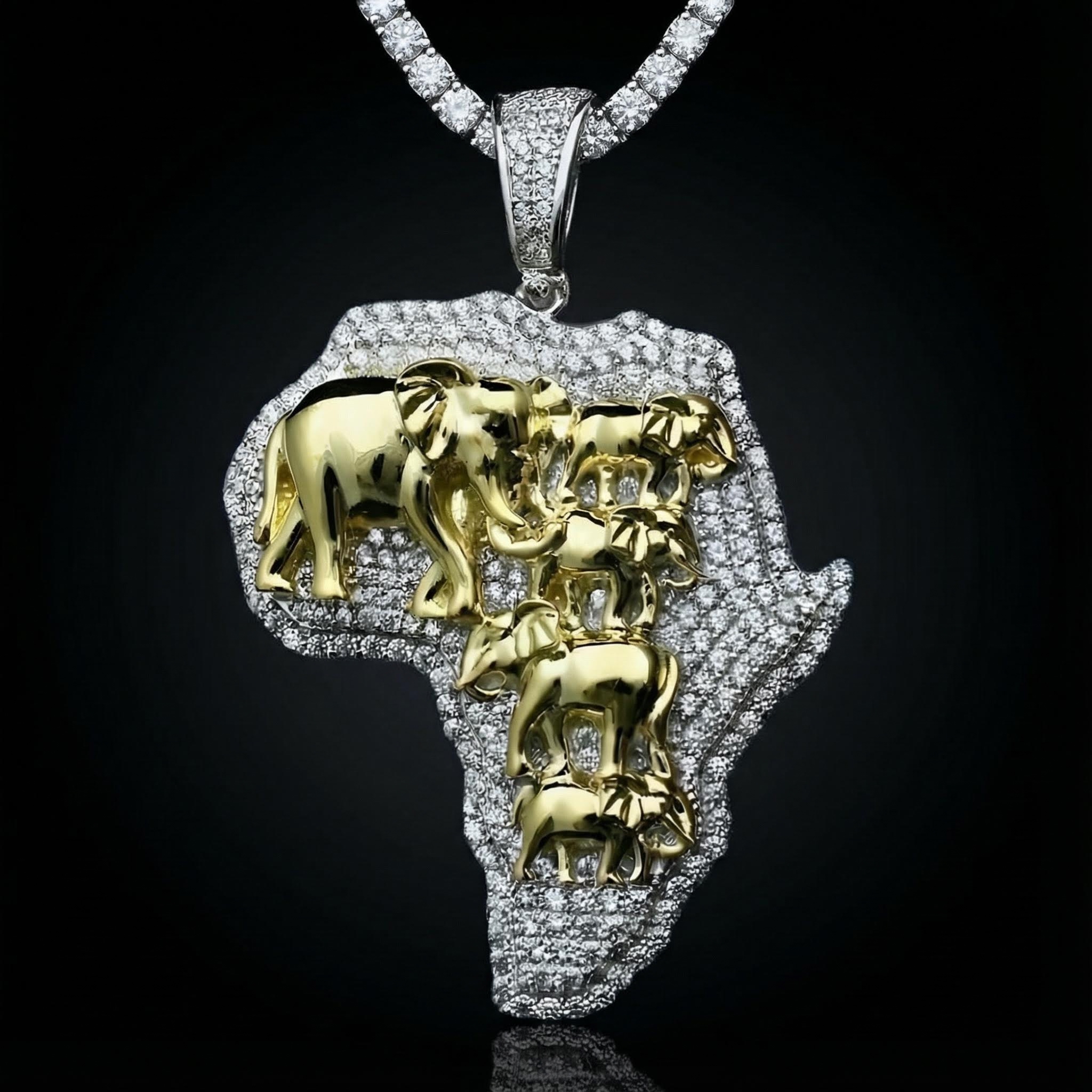 Gold 3d Elephants With Africa Map Pendant Silver With Street Luxury Shine
