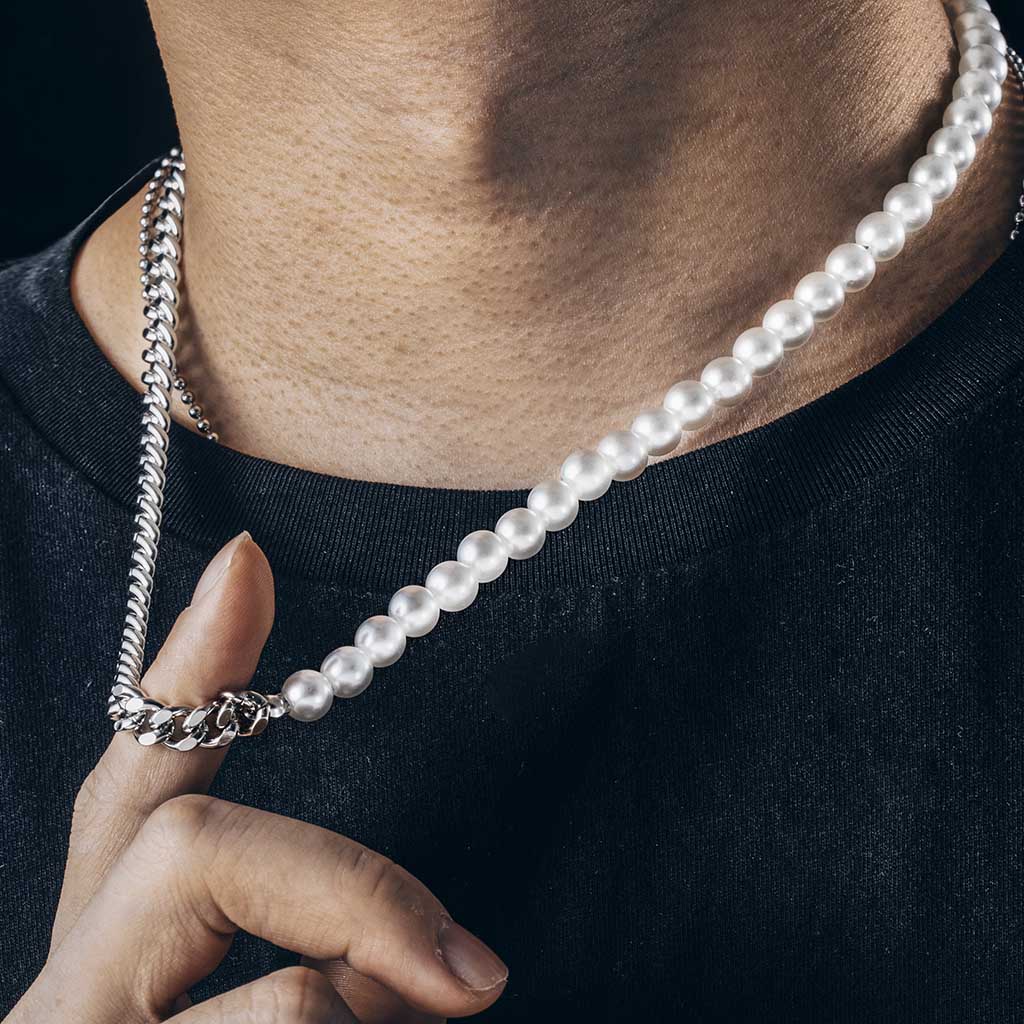 Half Pearl And Steel Cuban Chain Necklace Silver With Street Luxury Shine - Image 3