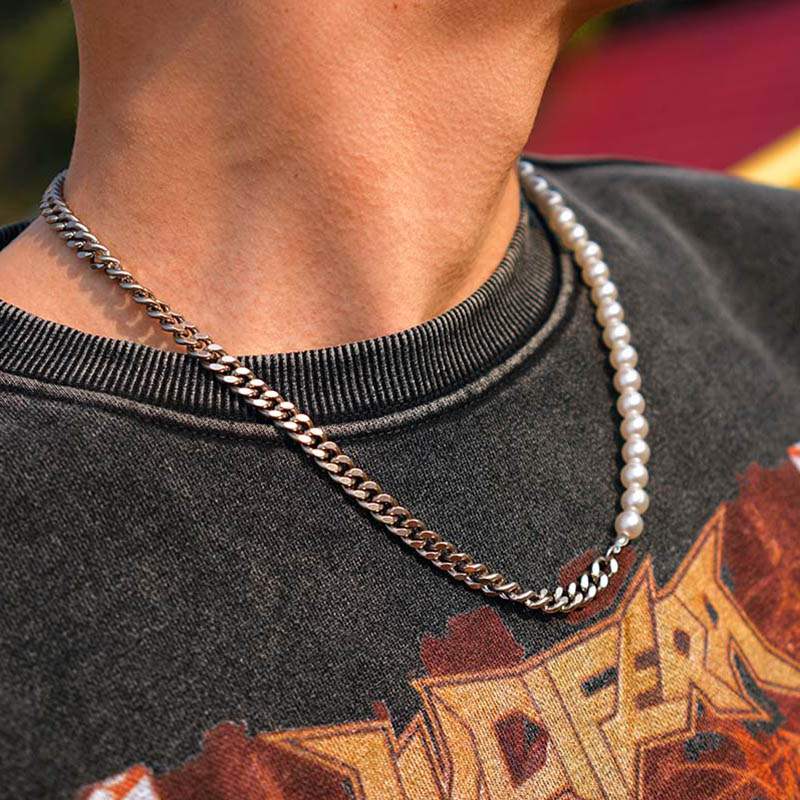 Half Pearl And Steel Cuban Chain Necklace Silver With Street Luxury Shine - Image 4