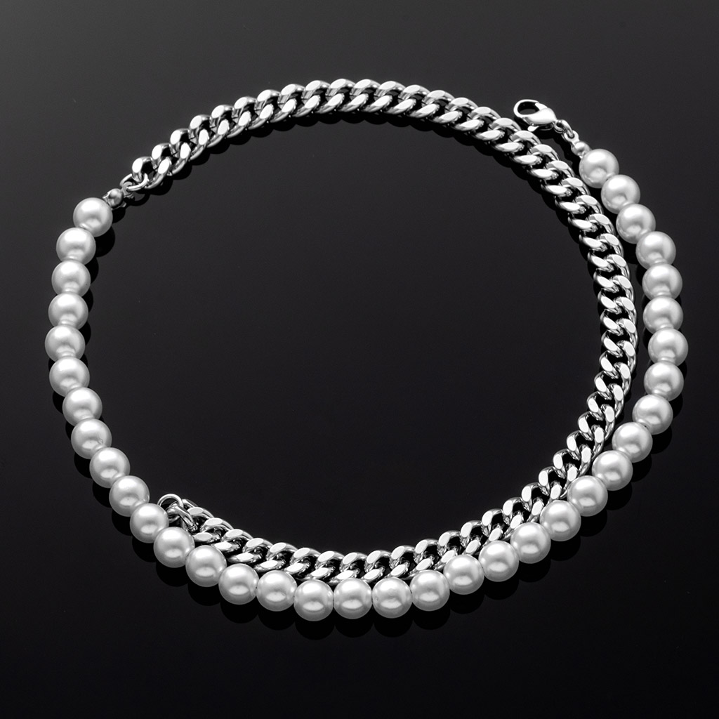 Half Pearl And Steel Cuban Chain Necklace Silver With Street Luxury Shine - Image 5