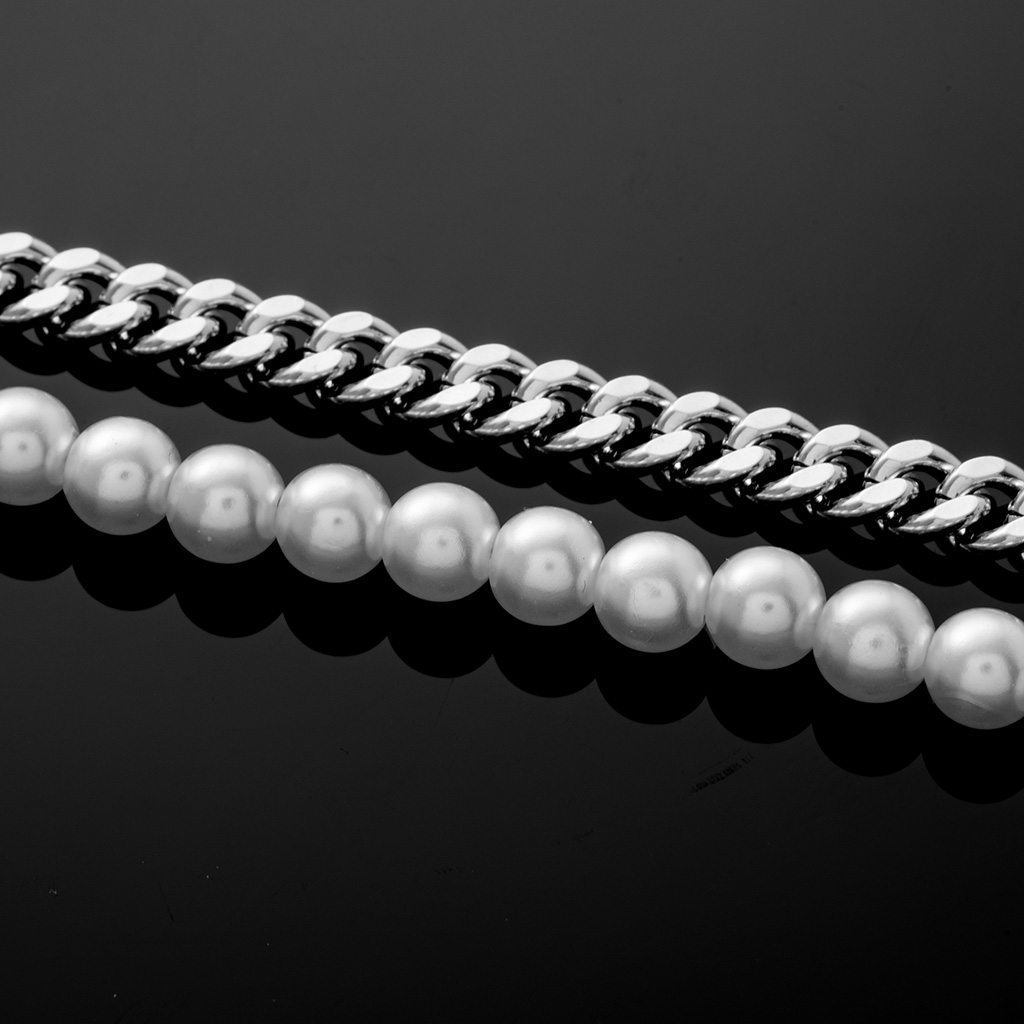 Half Pearl And Steel Cuban Chain Necklace Silver With Street Luxury Shine - Image 6