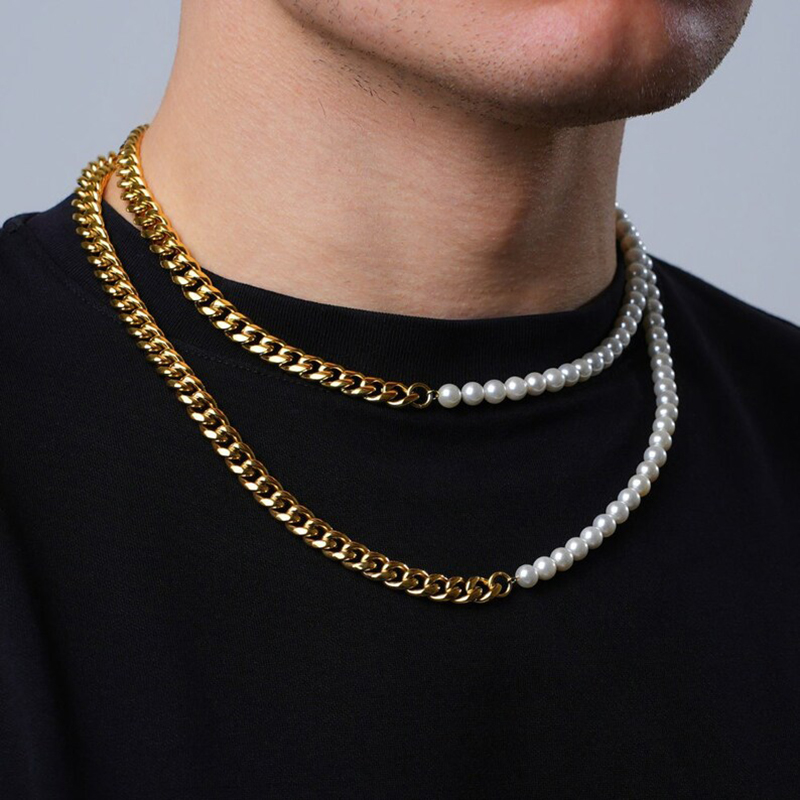 Half Pearl And Steel Cuban Chain Necklace Silver With Street Luxury Shine