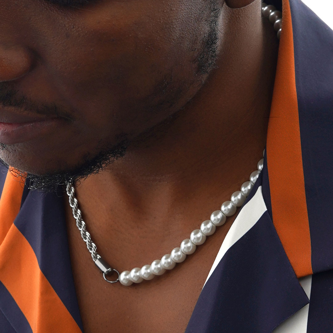 Half Pearl And Half Rope Chain In White Gold With Street Luxury Shine - Image 3