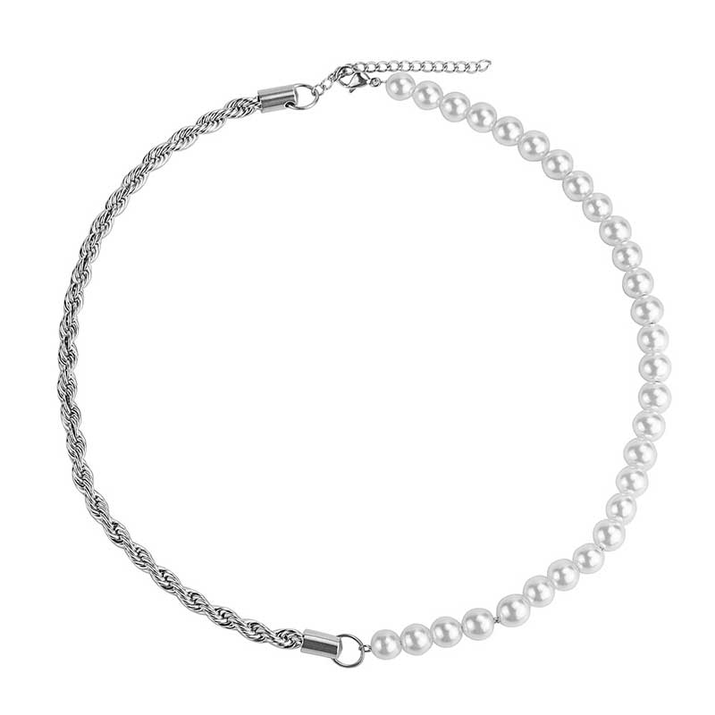 Half Pearl And Half Rope Chain In White Gold With Street Luxury Shine - Image 5