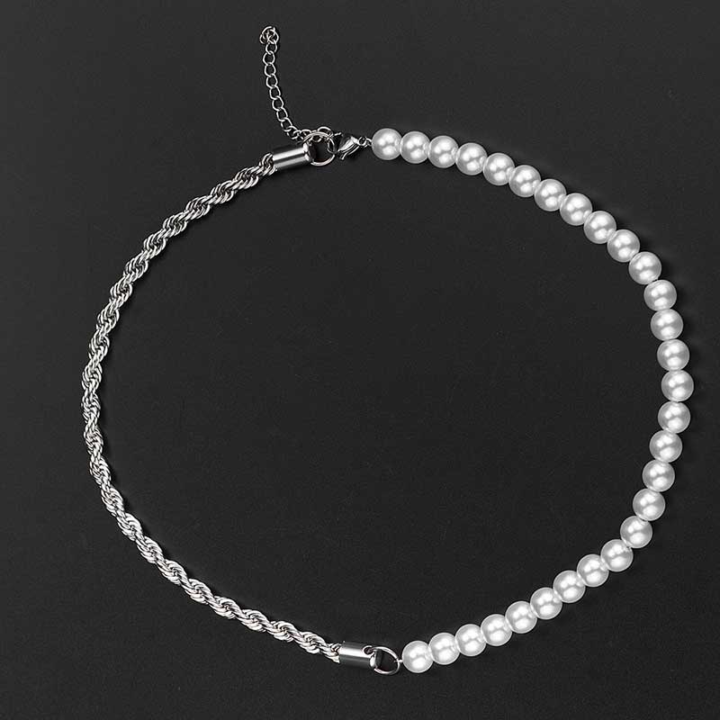 Half Pearl And Half Rope Chain In White Gold With Street Luxury Shine