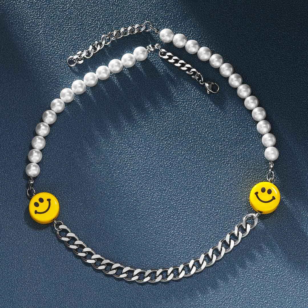 Smile Face Pearl And Steel Cuban Chain Necklace With Street Luxury Shine - Image 4