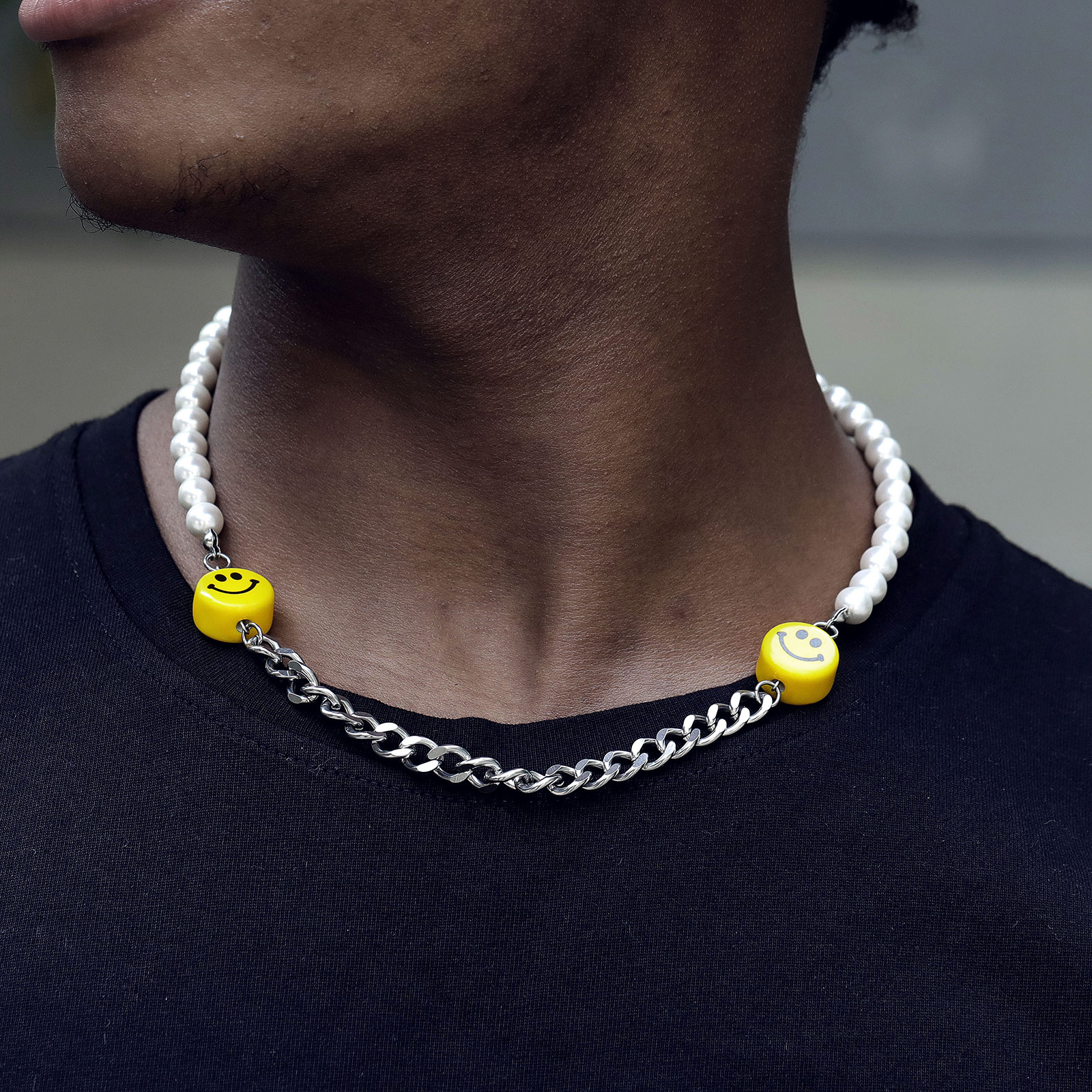 Smile Face Pearl And Steel Cuban Chain Necklace With Street Luxury Shine