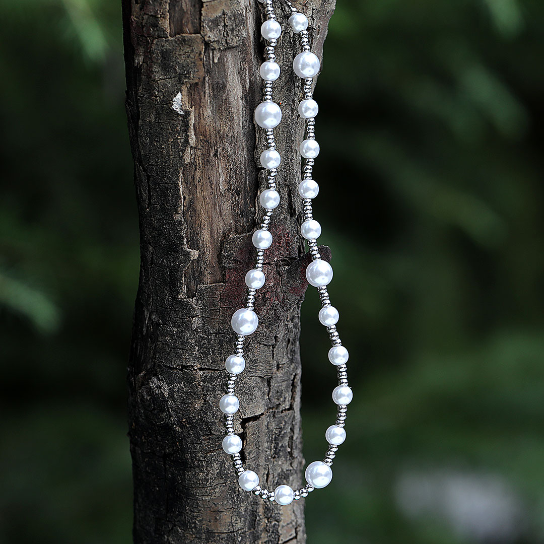 Stainless Steel Bead And Pearl Necklace Gold With Street Luxury Shine - Image 4