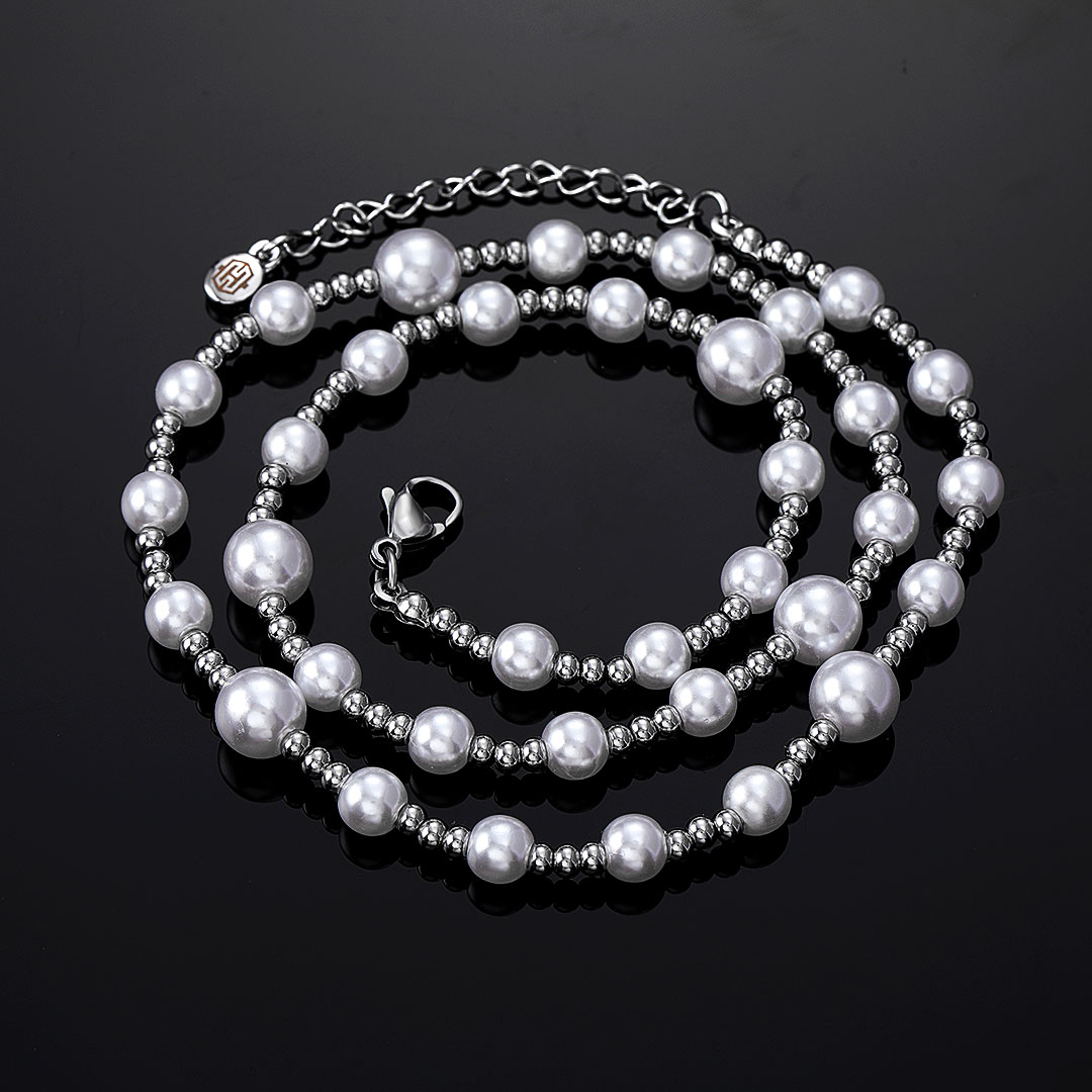 Stainless Steel Bead And Pearl Necklace Gold With Street Luxury Shine - Image 5