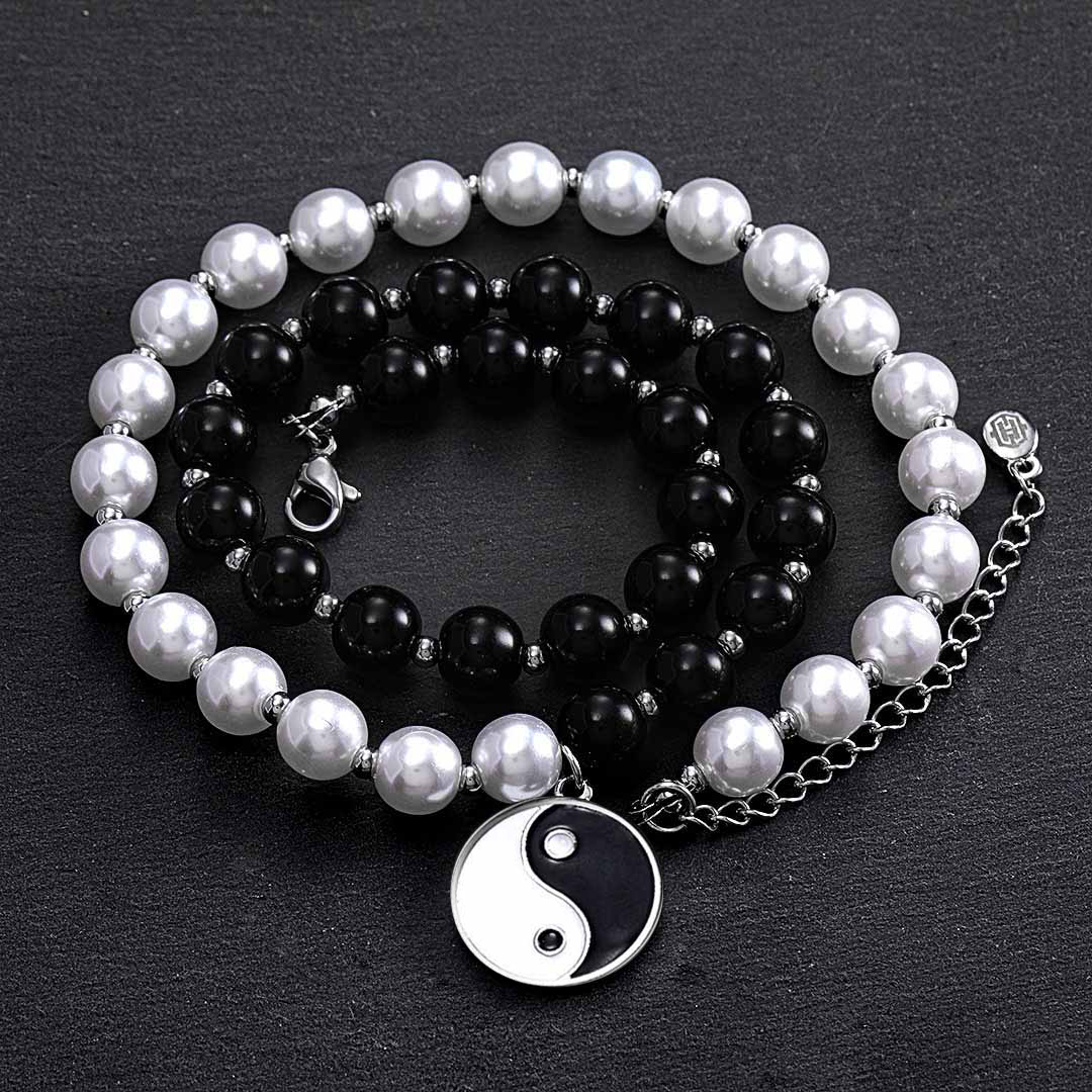Yin Yang Black And White Pearl Necklace Gold With Street Luxury Shine - Image 3
