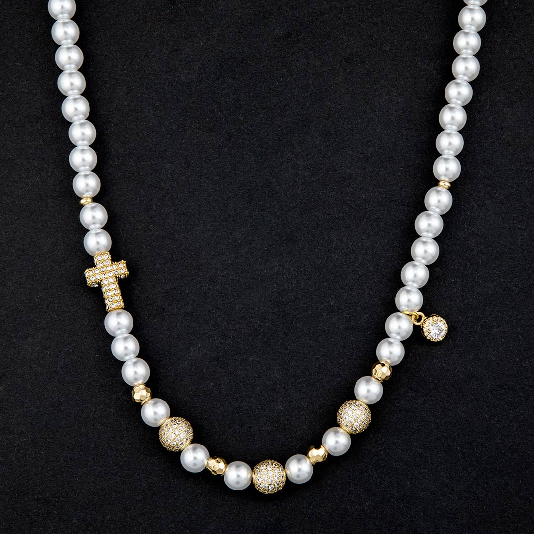 Iced Out Cross And Beads Pearl Necklace Gold With Street Luxury Shine - Image 3