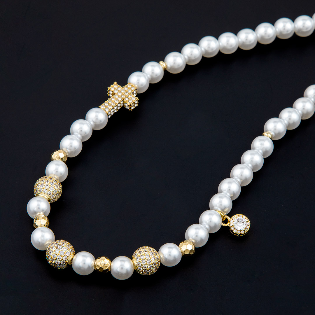 Iced Out Cross And Beads Pearl Necklace Gold With Street Luxury Shine - Image 4