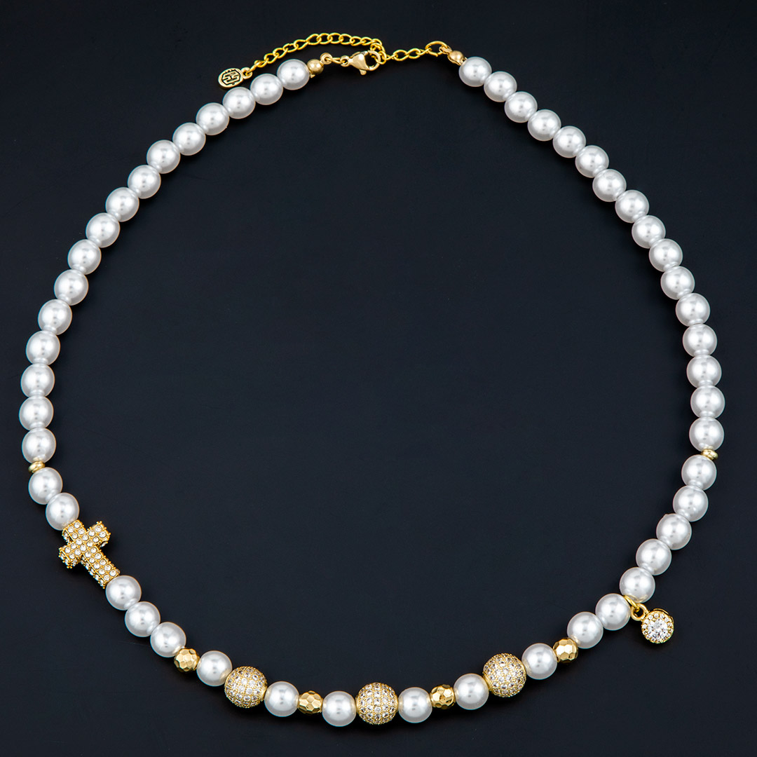 Iced Out Cross And Beads Pearl Necklace Gold With Street Luxury Shine - Image 5