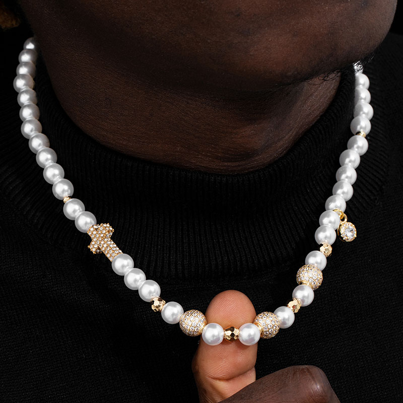 Iced Out Cross And Beads Pearl Necklace Gold With Street Luxury Shine