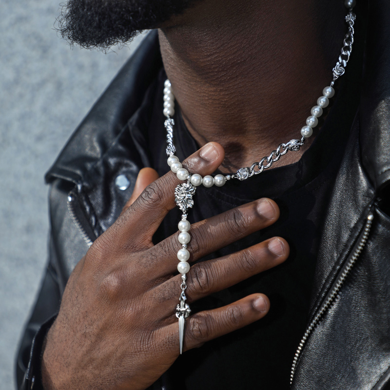 Rose Cuban Link Pearl Drop Necklace With A Cross With Street Luxury Shine - Image 3