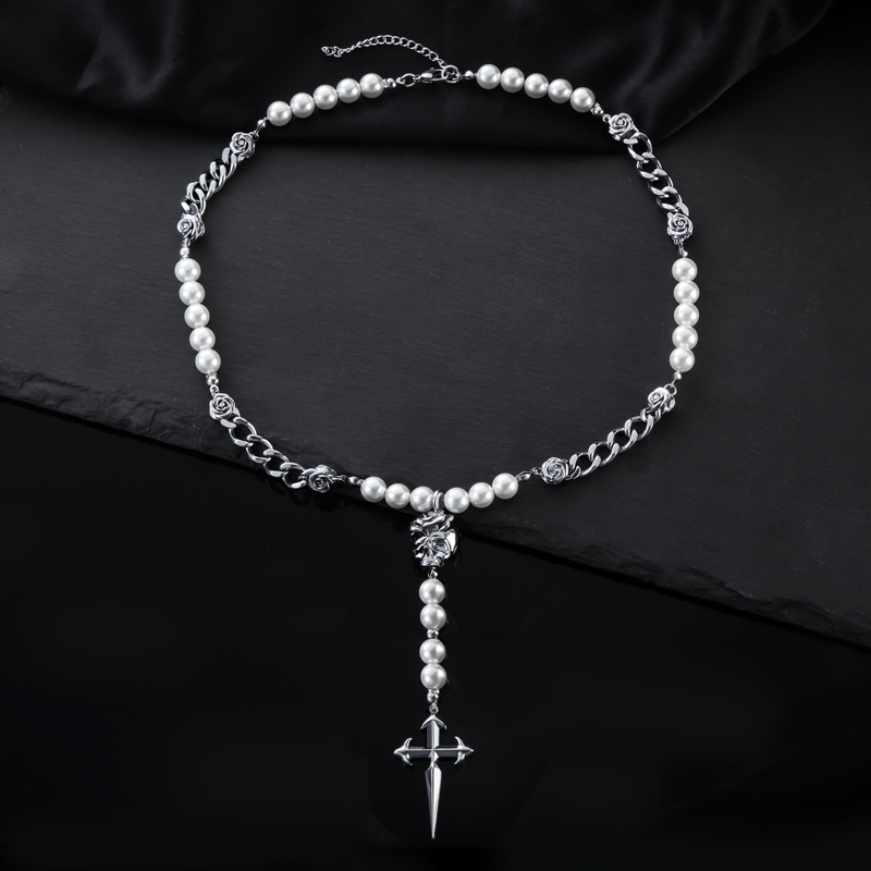 Rose Cuban Link Pearl Drop Necklace With A Cross With Street Luxury Shine - Image 4