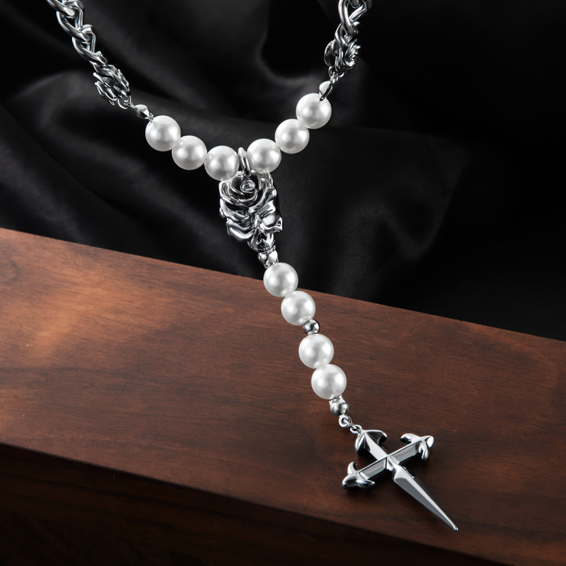 Rose Cuban Link Pearl Drop Necklace With A Cross With Street Luxury Shine - Image 5