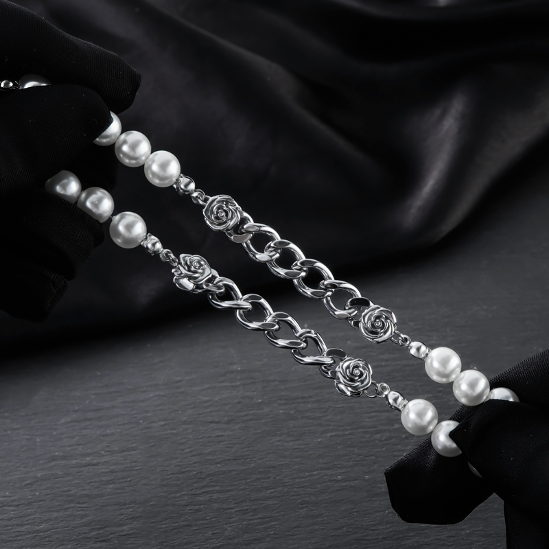 Rose Cuban Link Pearl Drop Necklace With A Cross With Street Luxury Shine - Image 6