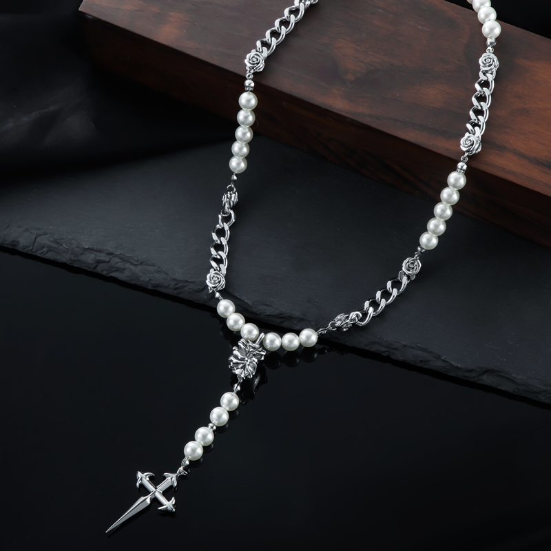 Rose Cuban Link Pearl Drop Necklace With A Cross With Street Luxury Shine - Image 7