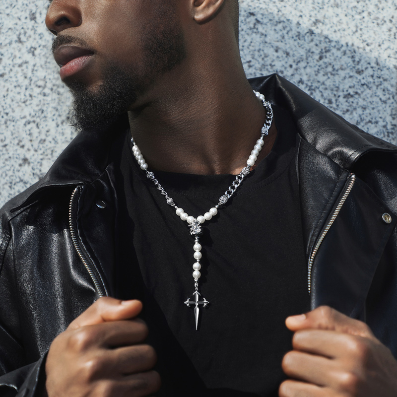 Rose Cuban Link Pearl Drop Necklace With A Cross With Street Luxury Shine