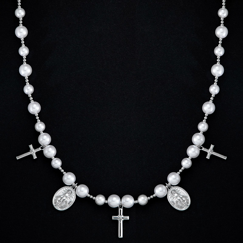 Christian Cross And Virgin Mary Pearl Necklace With Street Luxury Shine - Image 3