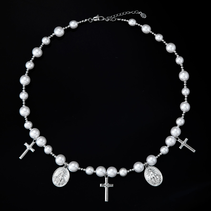Christian Cross And Virgin Mary Pearl Necklace With Street Luxury Shine - Image 4