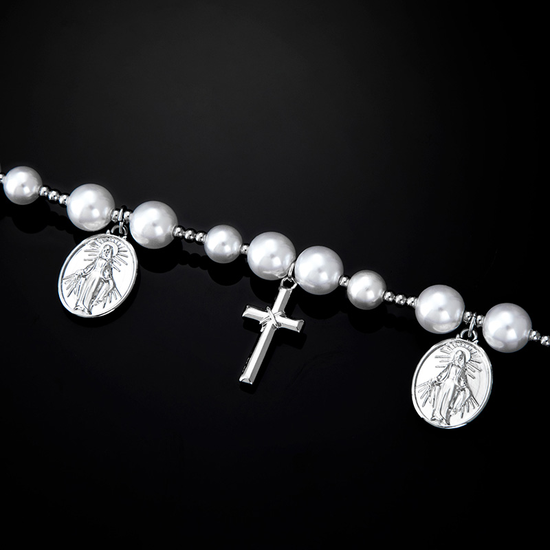 Christian Cross And Virgin Mary Pearl Necklace With Street Luxury Shine - Image 5