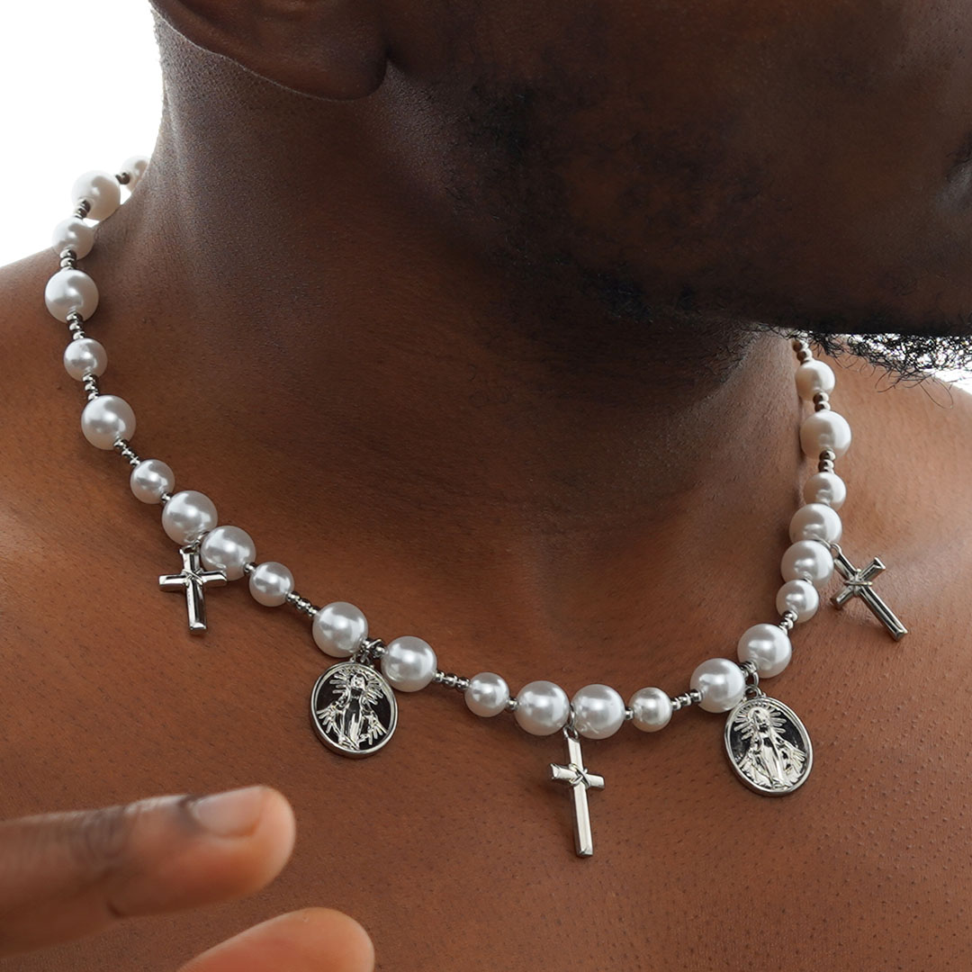 Christian Cross And Virgin Mary Pearl Necklace With Street Luxury Shine