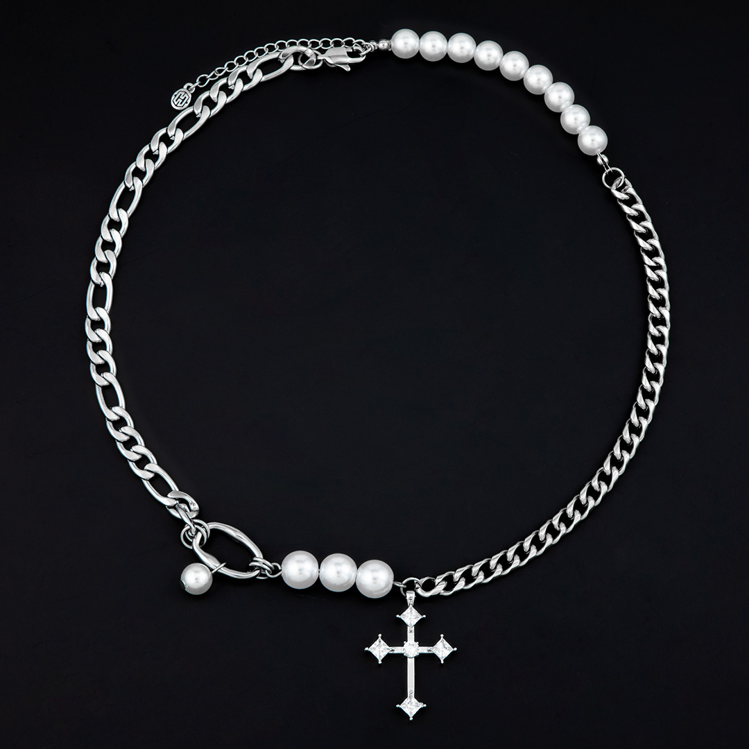 Iced Out Cross Pearl And Steel Chain Necklace With Street Luxury Shine - Image 3