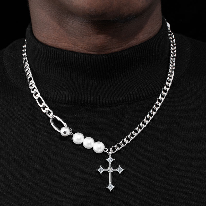 Iced Out Cross Pearl And Steel Chain Necklace With Street Luxury Shine