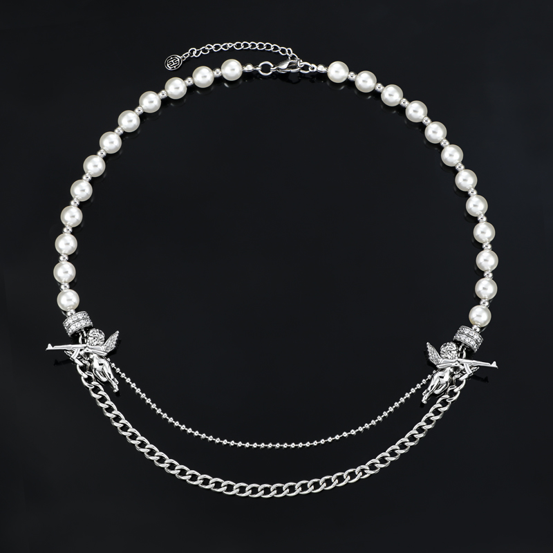 Half Pearl Half Cuban Link With Baby Angel Of Death Chain Gold - Image 4