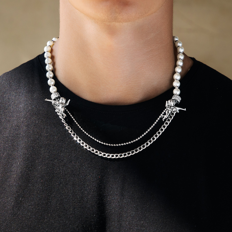 Half Pearl Half Cuban Link With Baby Angel Of Death Chain Gold - Image 5